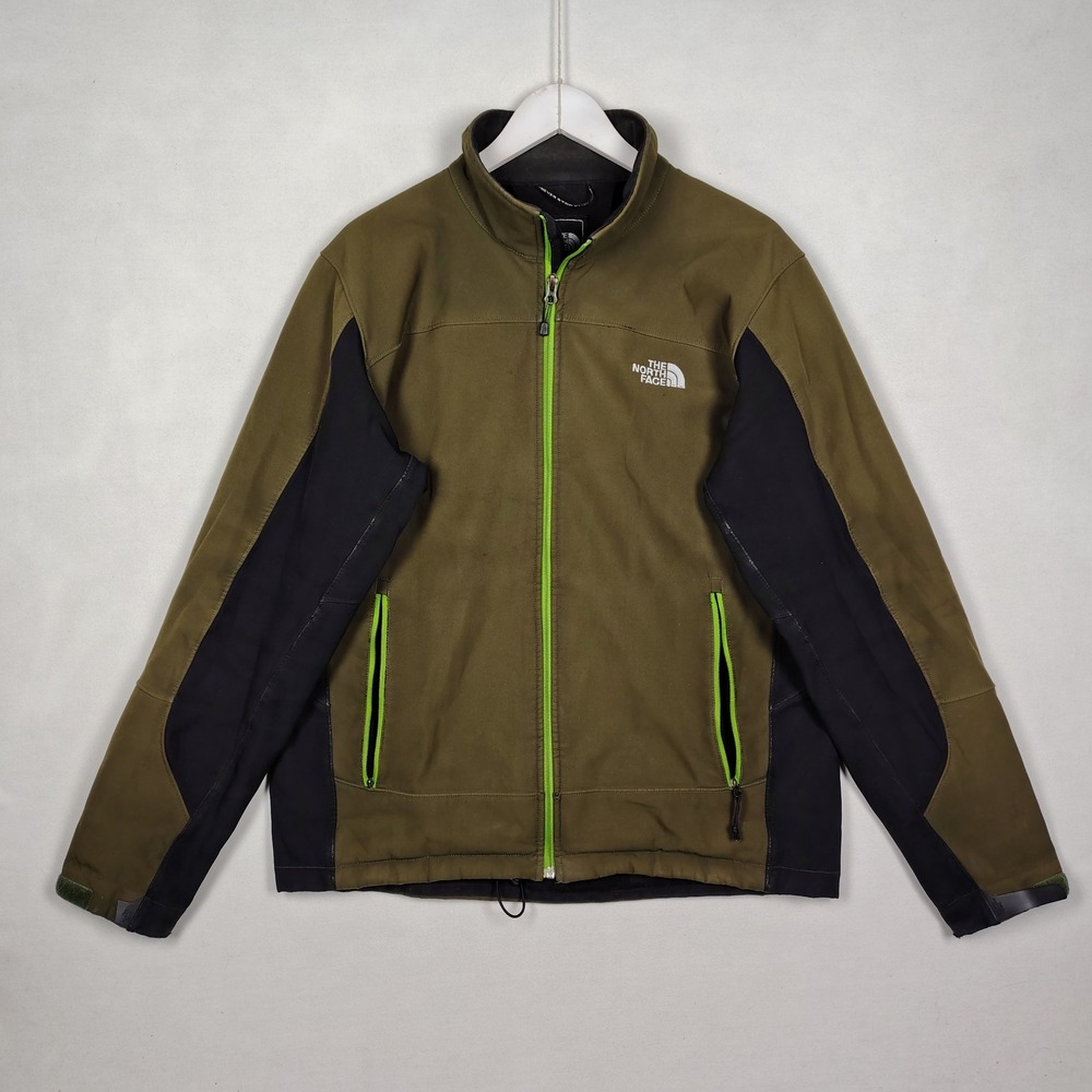 The North Face Mens Soft Shell Jacket Olive Green Black Paneled Full Zip Large